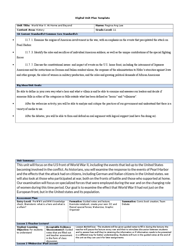 WWII Homefront Unit Plan for 11th Grade | PDF | Lecture | Educational ...