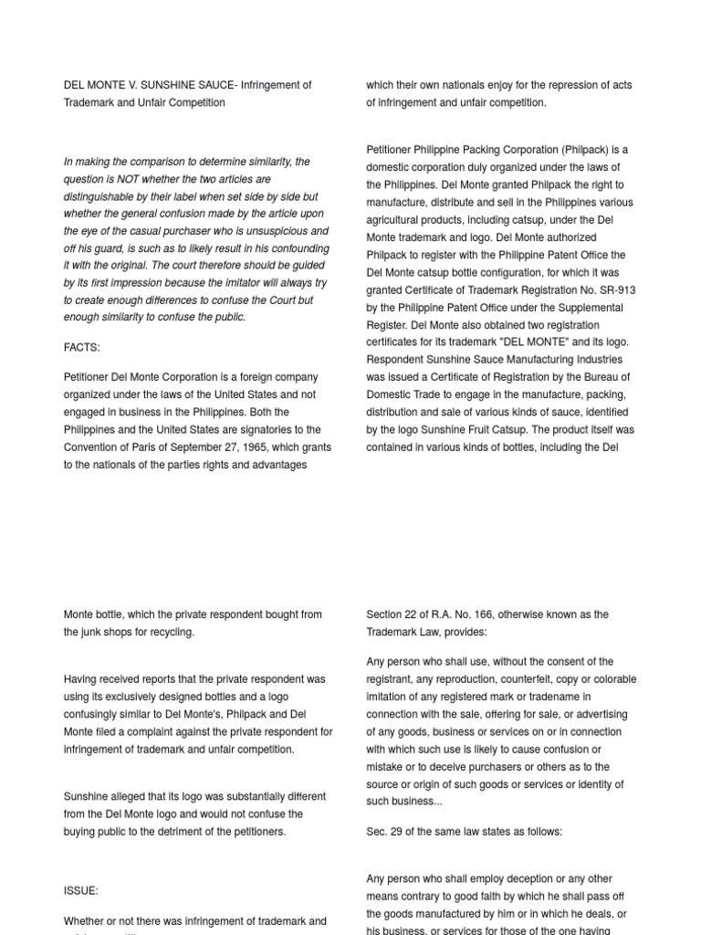 DEL MONTE V Sunshine Sauce Digest PDF Trademark Property Law