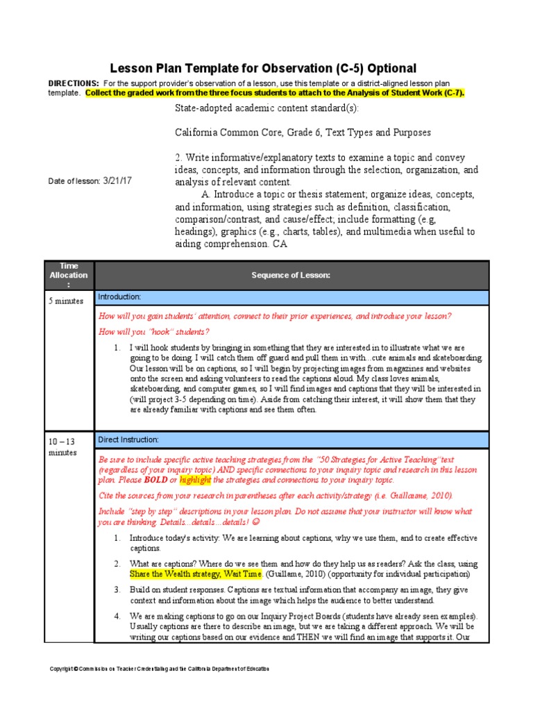 Lesson Plan Template For Observation (C-5) Optional | PDF | Lesson Plan ...