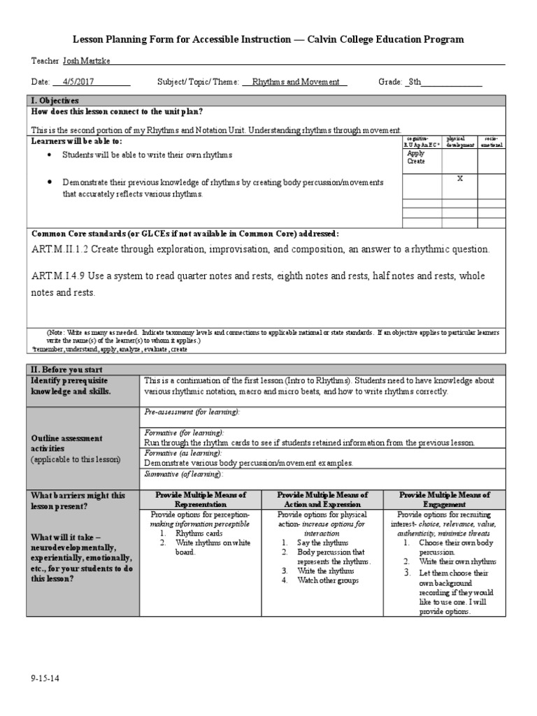 Lesson Plan 2 Rhythms and Movement PDF Rhythm Lesson Plan