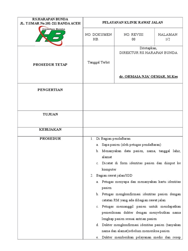 Sop Pelayanan Klinik Rawat Jalan