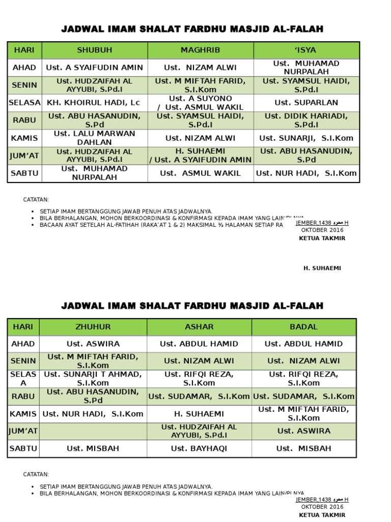 Jadwal Imam Al Falah 1438 Maret 2017