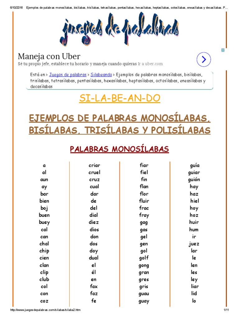 Ejemplos de Palabras Monosílabas, Bisílabas, Trisílabas, Tetrasílabas