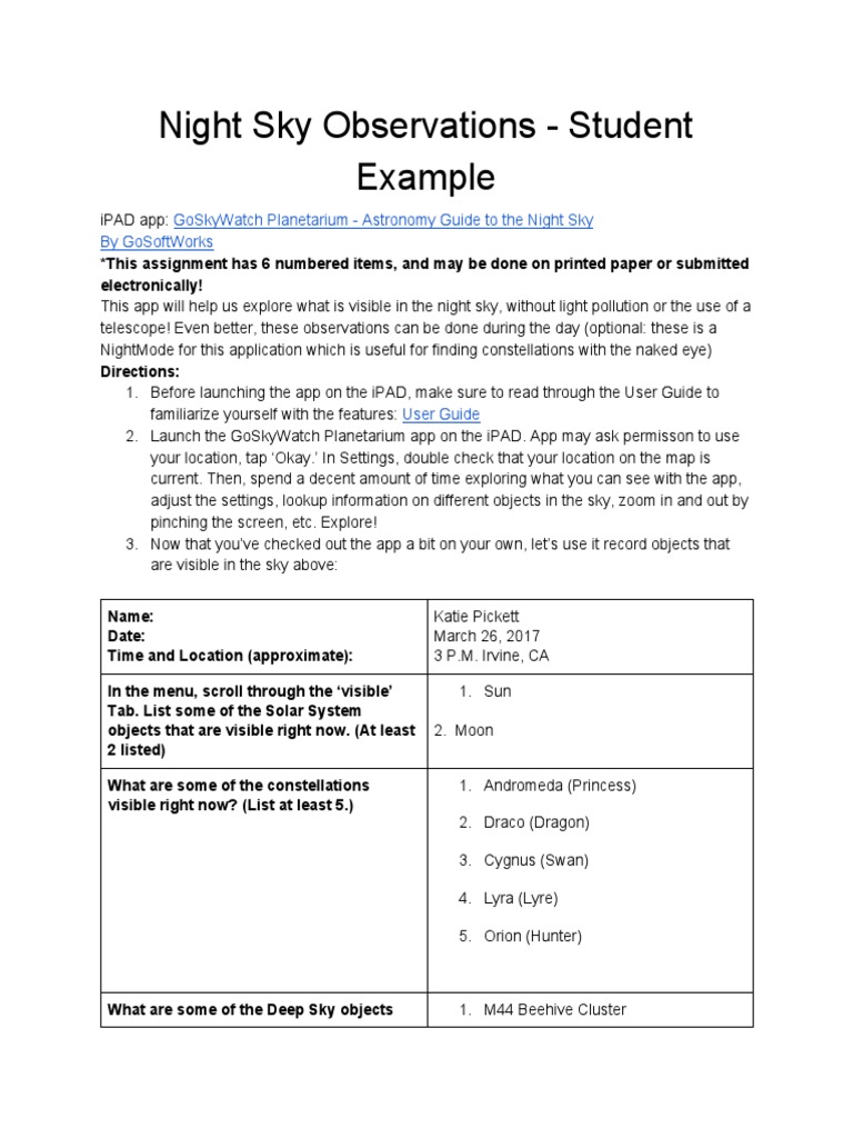 Night Sky Observations Student Example Goskywatch Astronomy Guide To The Night