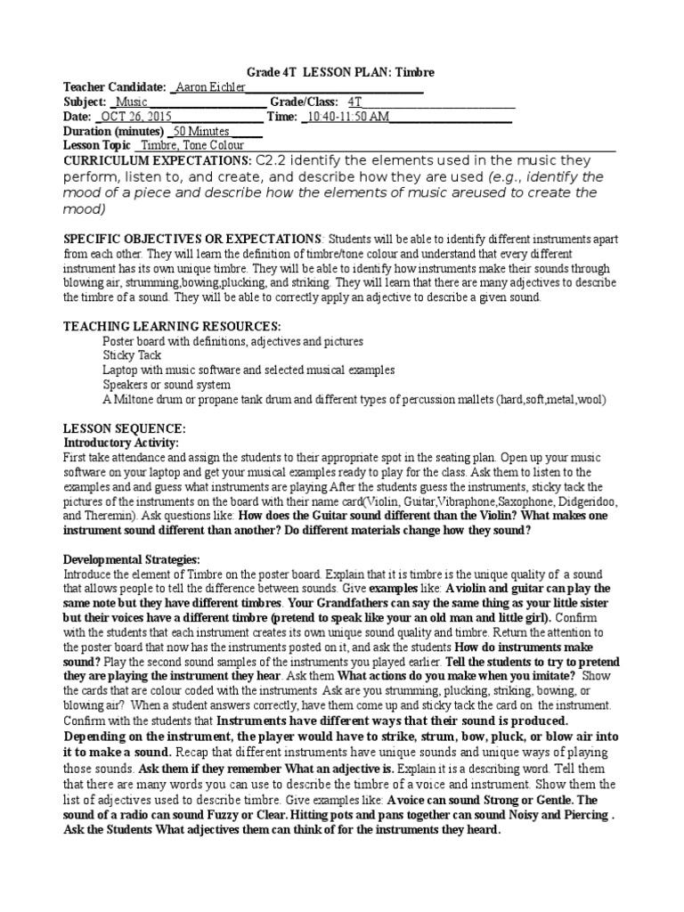 lesson plan timbre tone colour Musical Instruments Violin