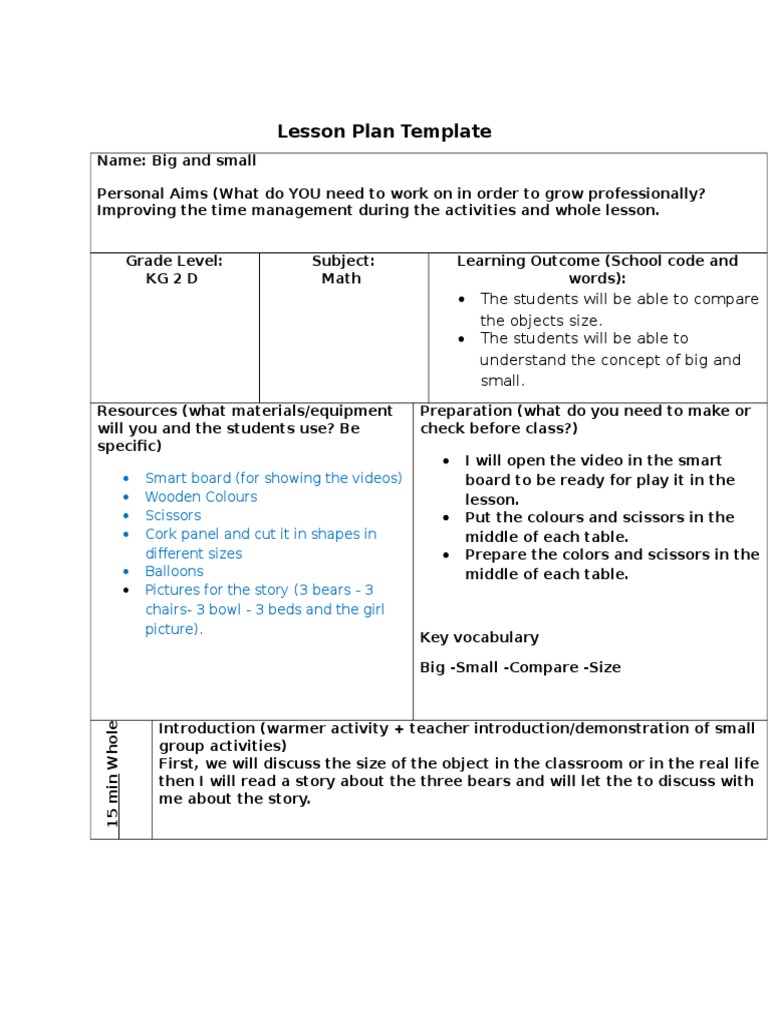 Big and Small Lesson Plan | PDF | Lesson Plan | Classroom