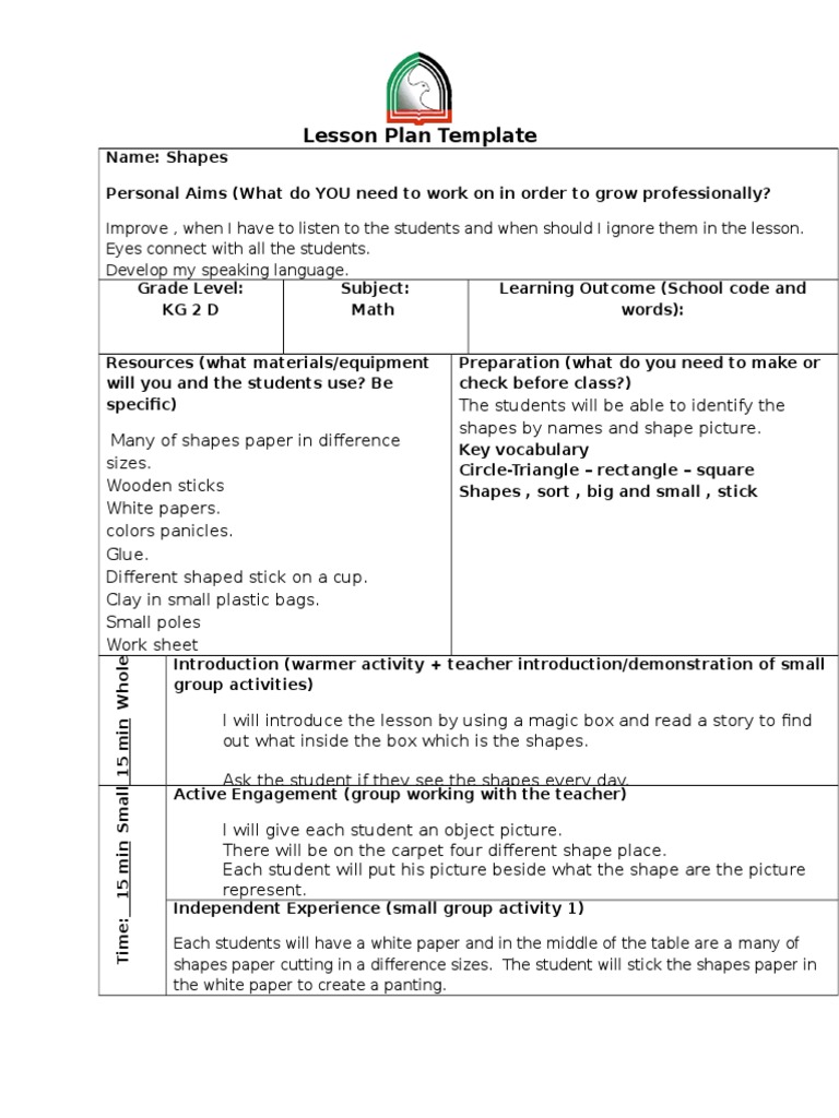 KG2 Shapes Lesson Plan | PDF | Lesson Plan | Applied Psychology