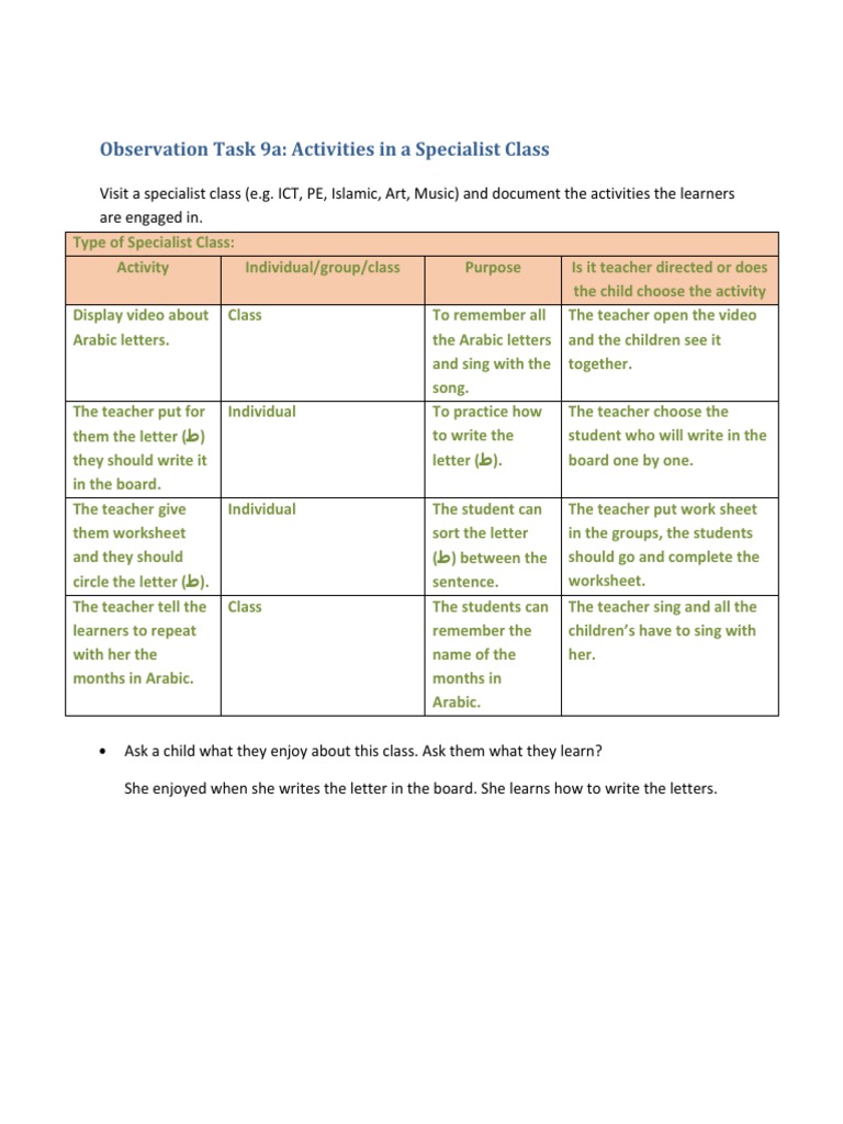 Specialist Class Activities Observation | PDF | Language Arts ...