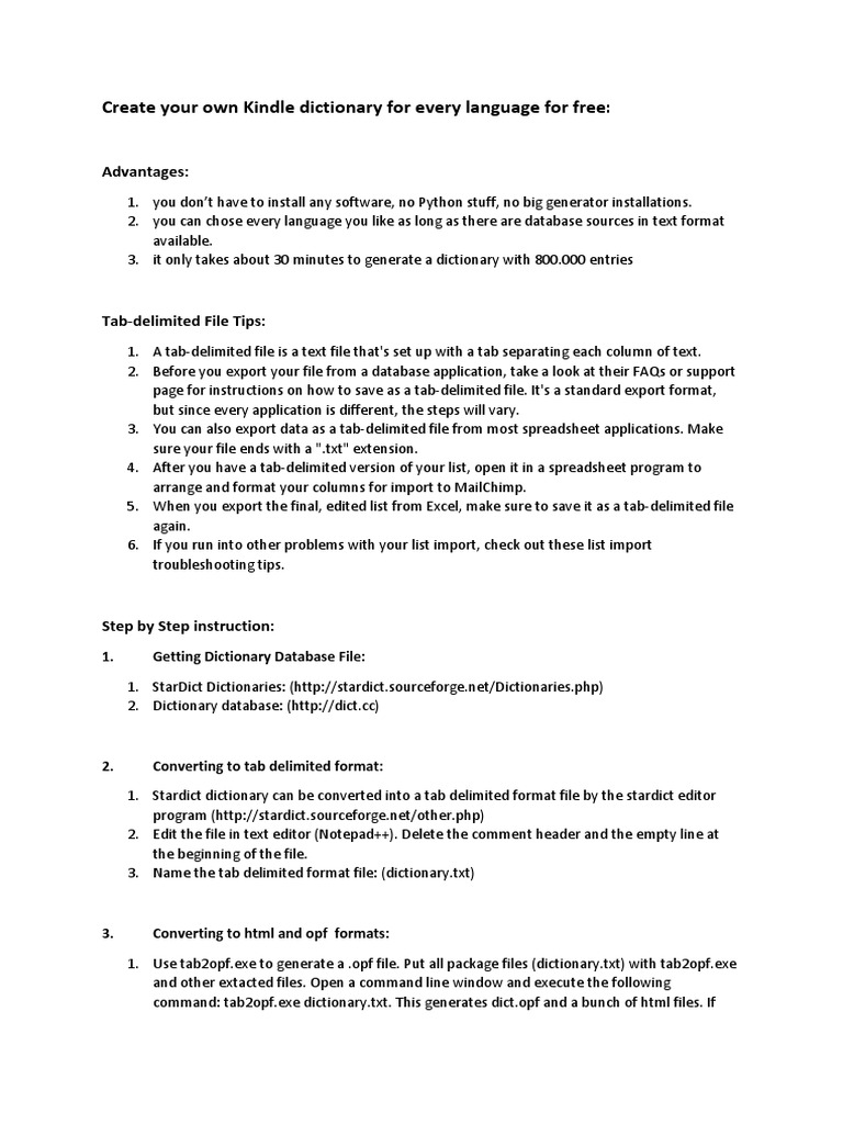 Kindle Dictionary Creator Instructions PDF File Format Text File