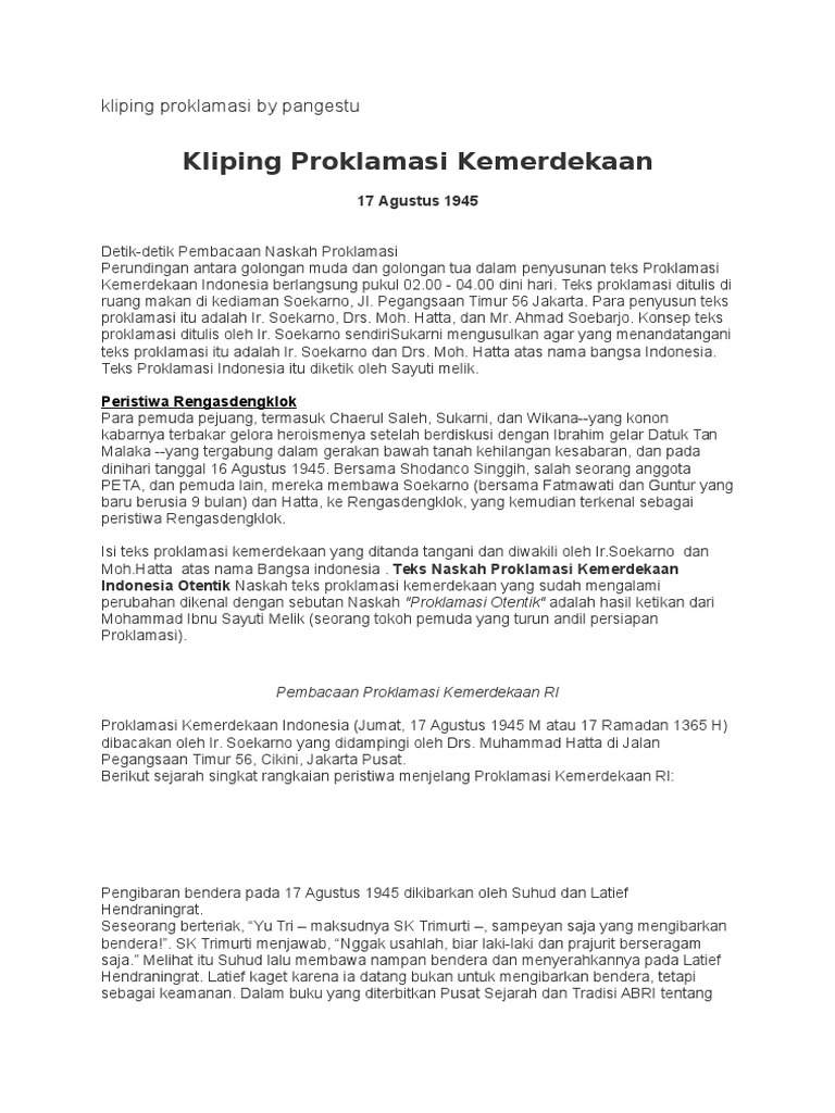 Kliping Proklamasi By Pangestu