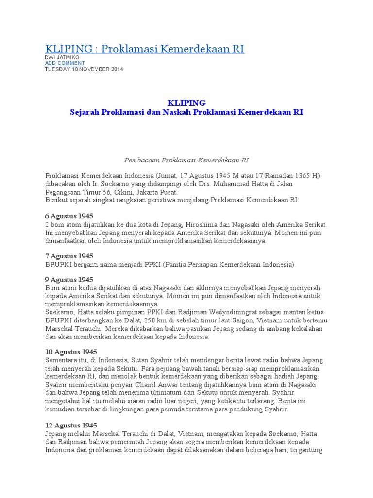 Kliping Sejarah Kemerdekaan Indonesia Guru Paud