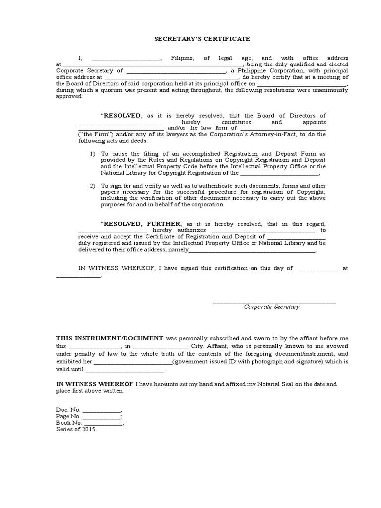 Secretary's Certificate for Authorization | PDF | Affidavit ...