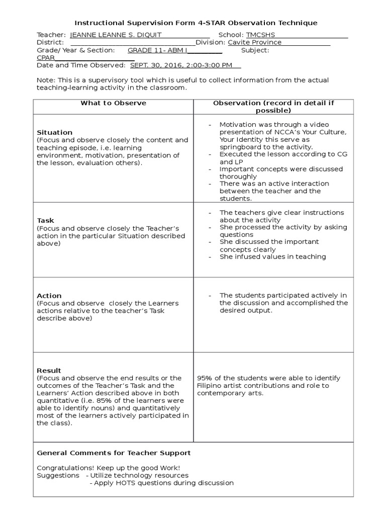 Instructional Supervision: 4-STAR Technique | PDF | Motivation ...