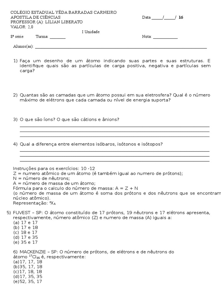 Atividade Atomo 9 Ano | Próton | Isótopo | Avaliação gratuita de 30