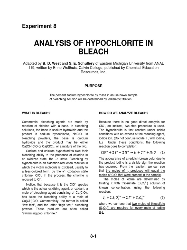 Analysis of Hypochlorite in Bleach: Experiment 8 | PDF | Titration ...