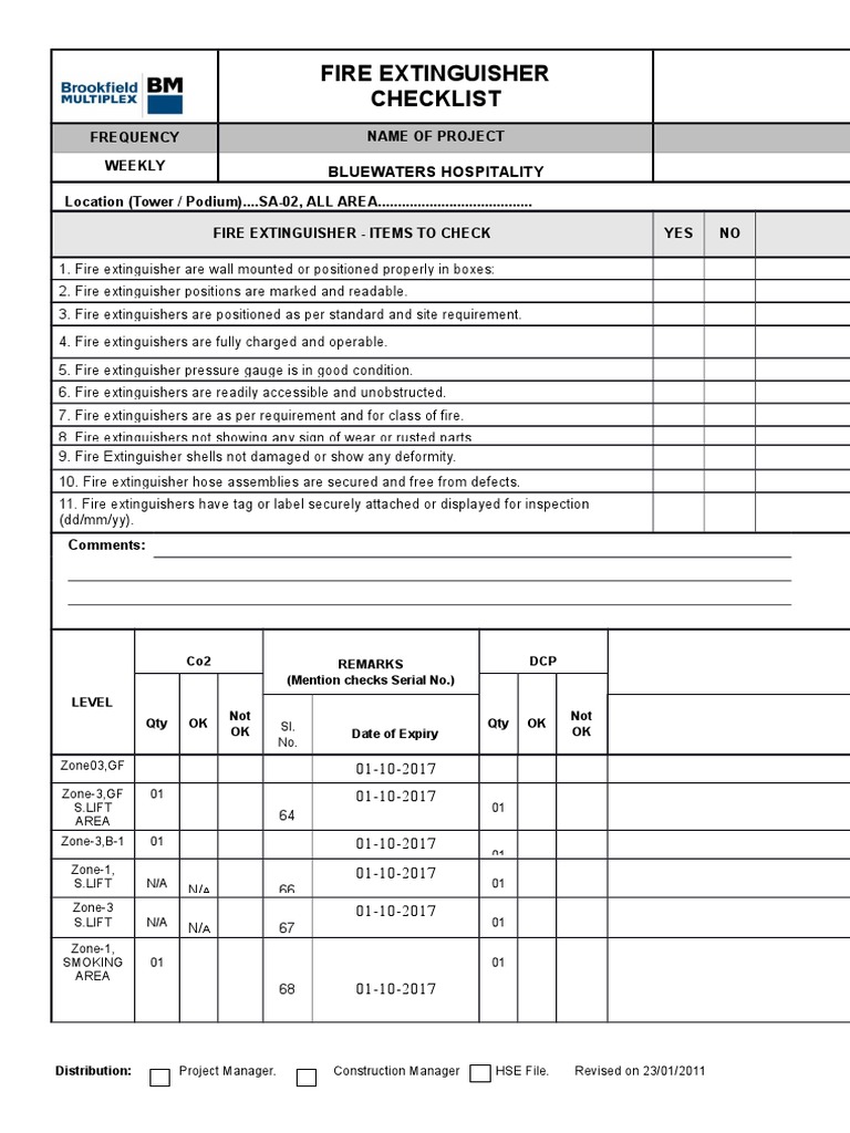 Weekly Fire Extinguisher Inspection Checklist | PDF | Fires | Hazards