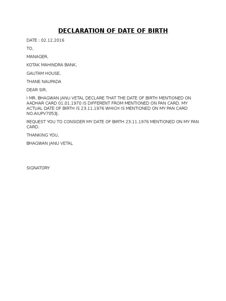Declaration of Date of Birth | PDF