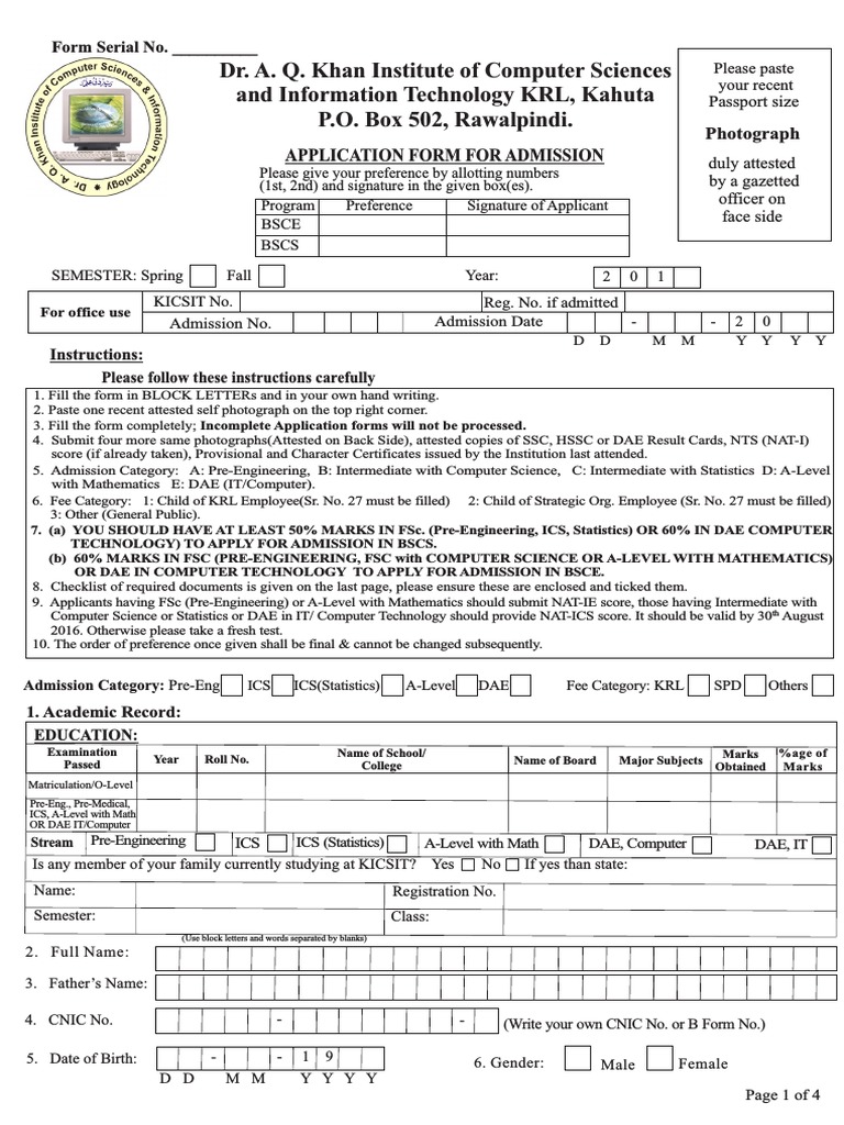 KICSIT Admission Application Form | PDF | Test (Assessment) | Further ...