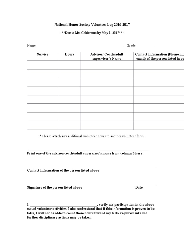 National Honor Society Volunteer Log 2017 PDF