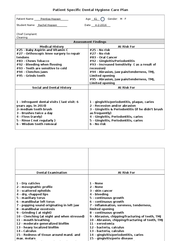 Patient Specific Dental Hygiene Care Plan | PDF | Oral Hygiene | Human ...