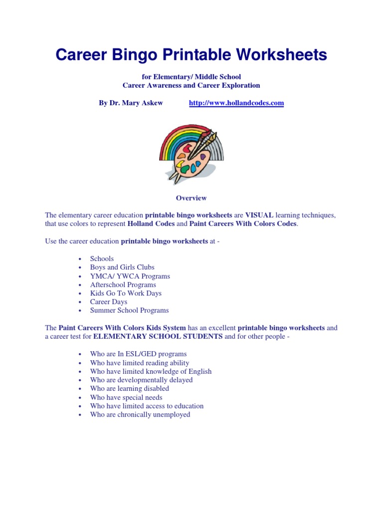 Worksheets Career Worksheets For Middle School career bingo printable worksheets professional certification school counselor