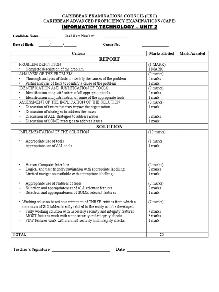 Cape It Unit 2 Ia Marksheet PDF Areas Of Computer Science Computing