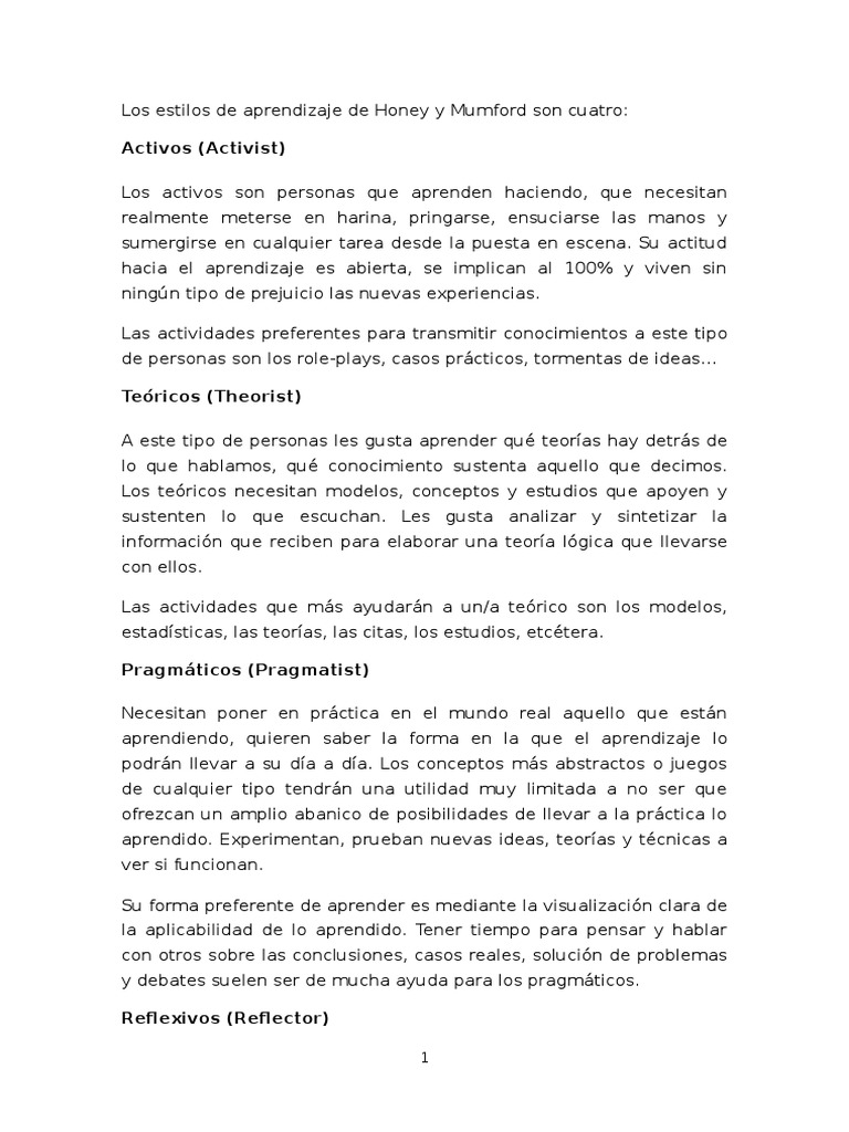 Estilos de Aprendizaje: Honey y Mumford | PDF | Teoría | Psicología ...