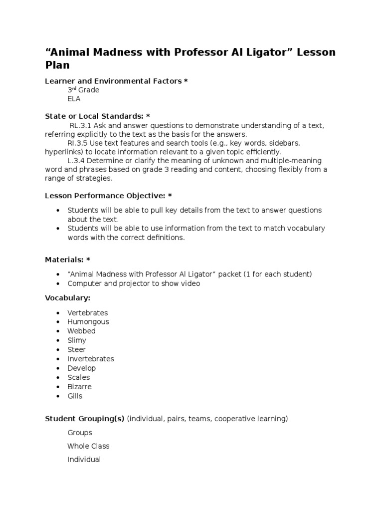 Animal Madness With Professor Al Ligator Lesson Plan | PDF | Lesson ...
