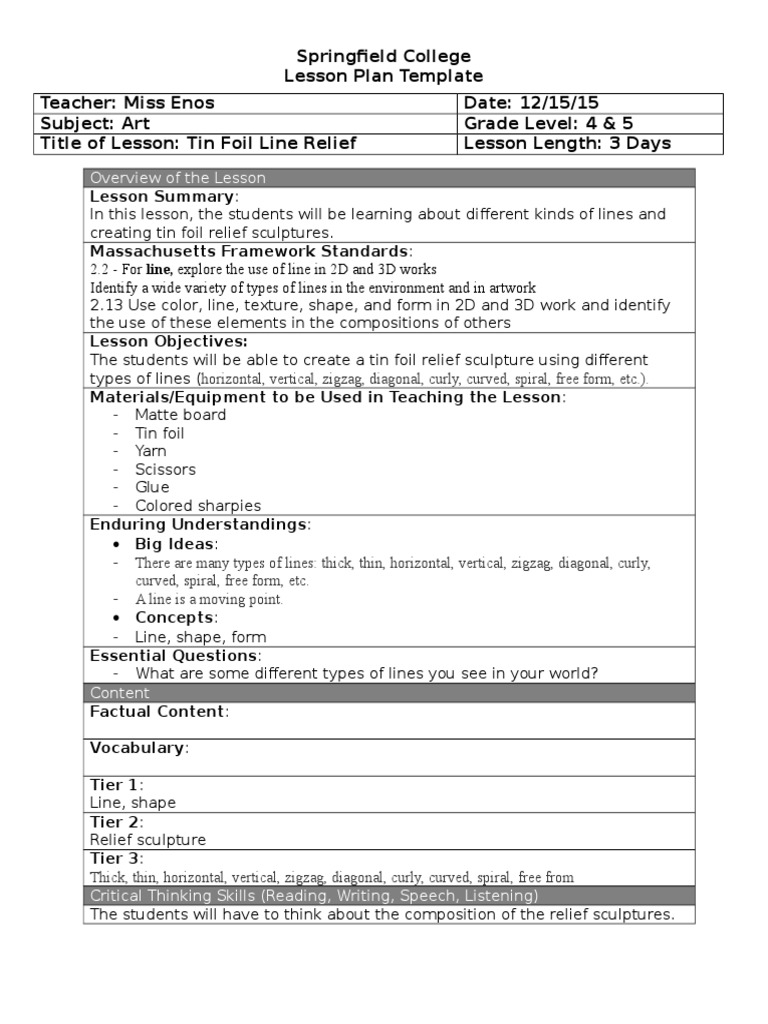 tin foil relief sculpture lp Lesson Plan Pedagogy