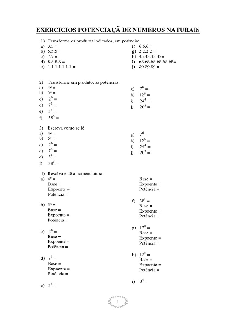 Exercícios - Potenciação de Números Naturais | PDF | Exponenciação ...