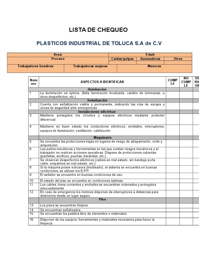 Hoja de Chequeo de Seguridad Industrial | PDF | Encendiendo | Energía y ...