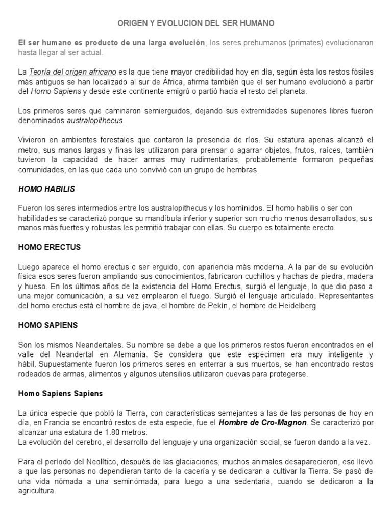 Origen y Evolucion Del Ser Humano | PDF | Homo | Evolución humana