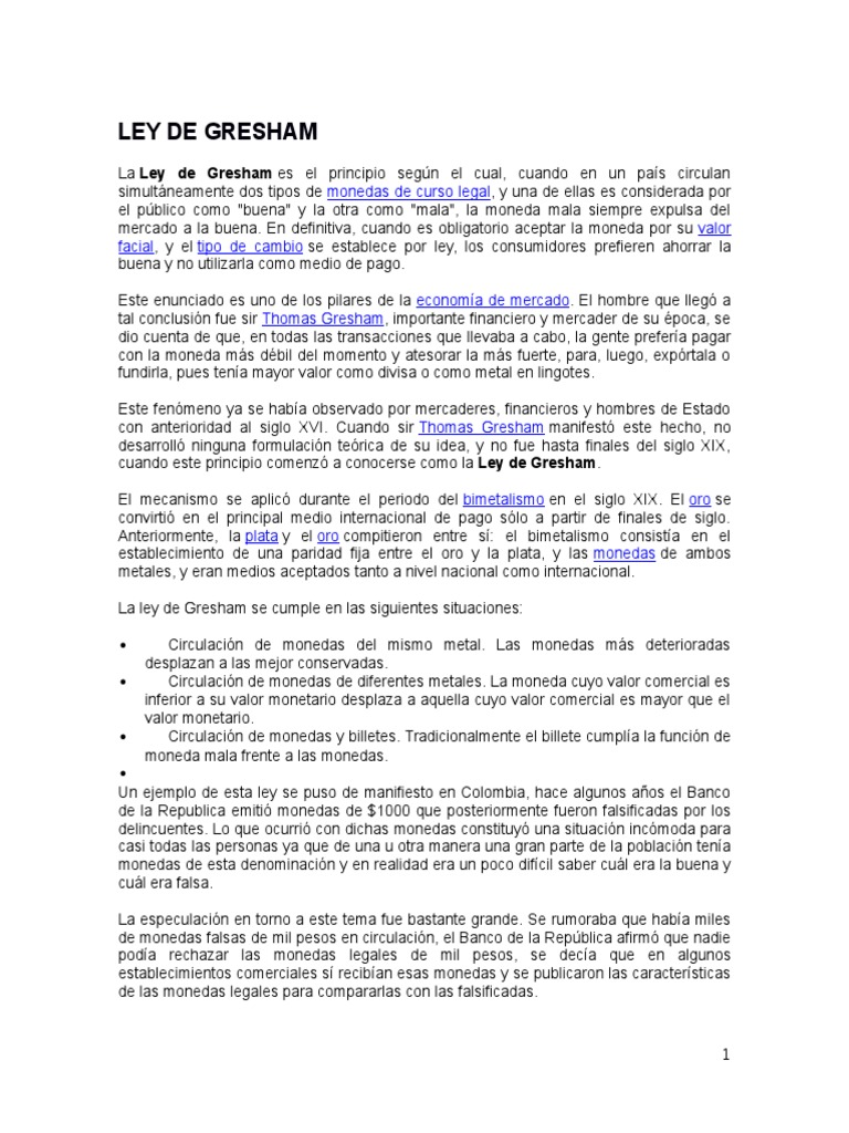 Ley de Gresham Dinero Economias