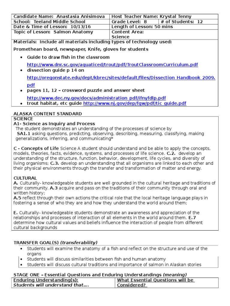 Ed688science Lesson Trout Dissection PDF Educational Assessment