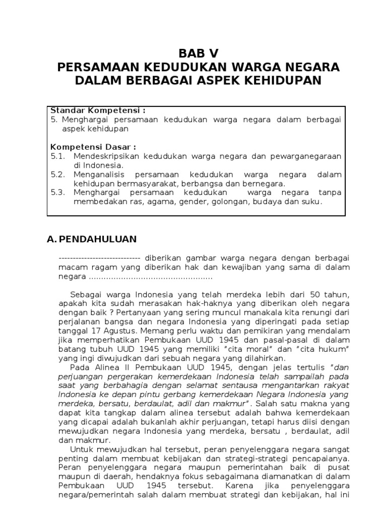 Kelas X Kd V Persamaan Kedudukan Warga Negara Dalam Berbagai Aspek Kehidupan