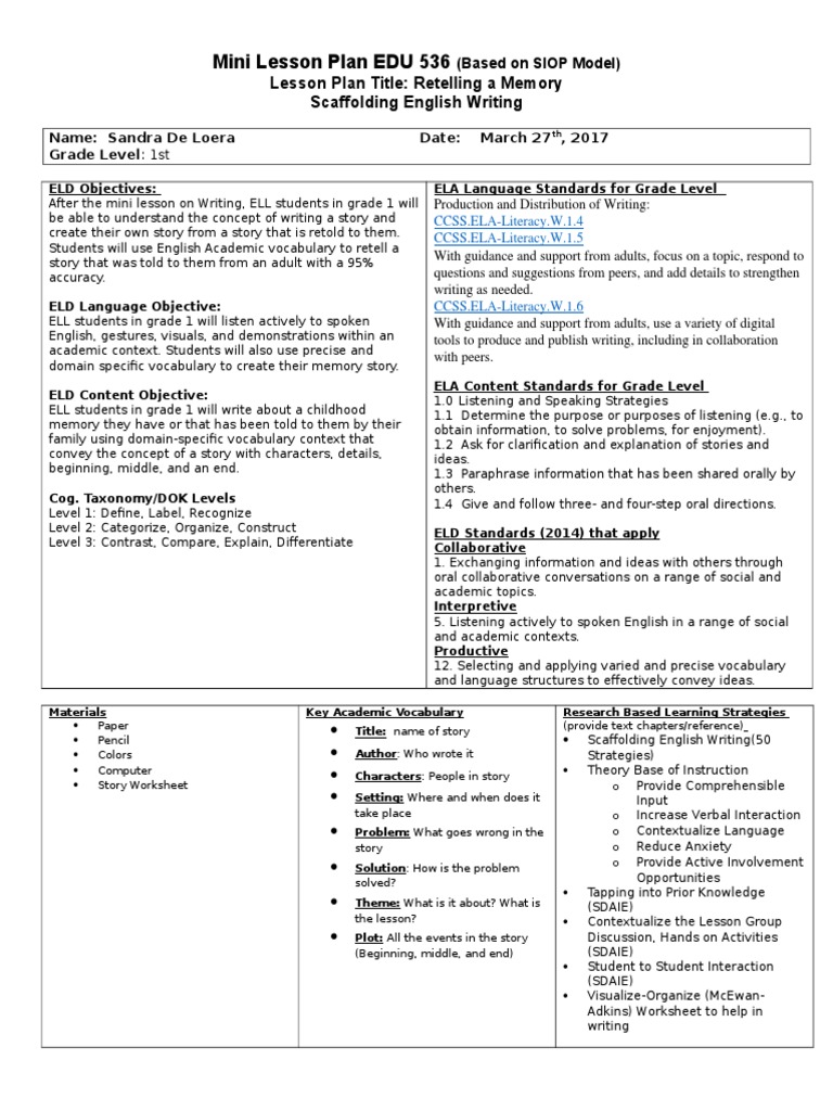mini lesson plan 7 scaffolding writing Reading Comprehension Homework