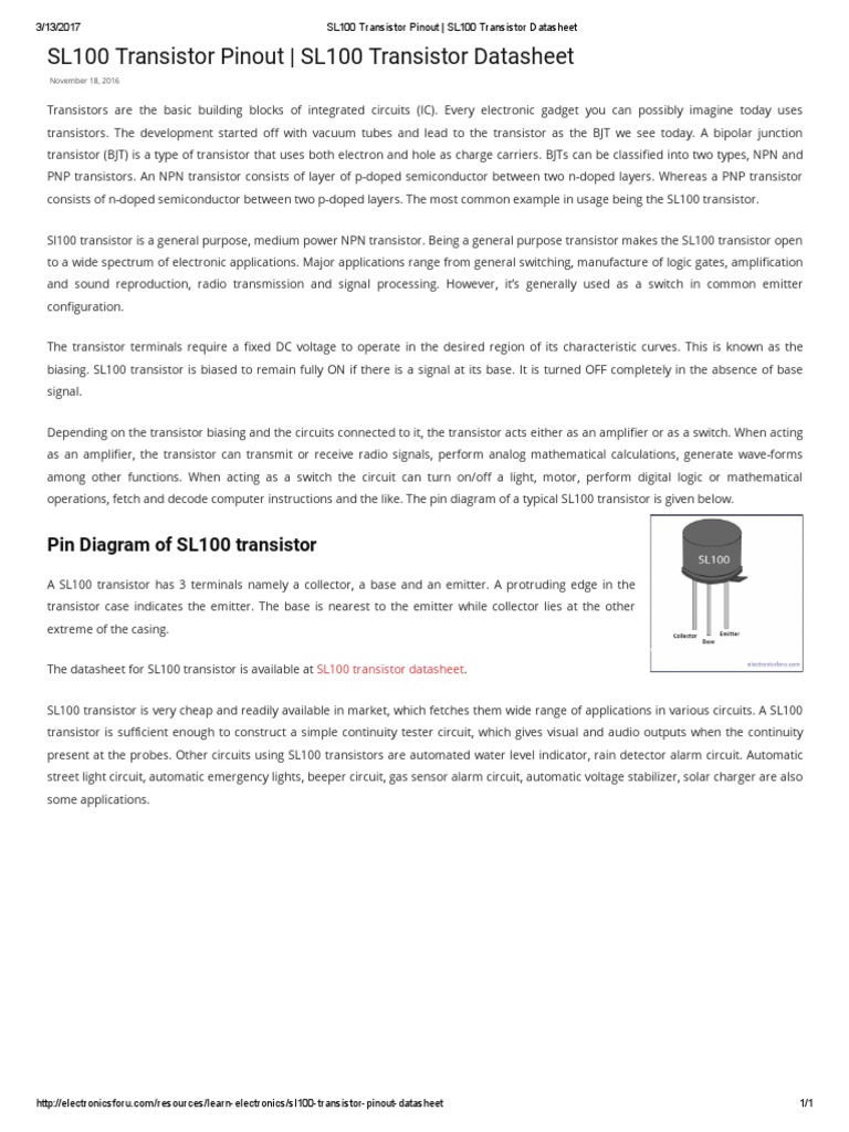 SL100 Transistor Pinout SL100 Transistor Datasheet PDF Bipolar