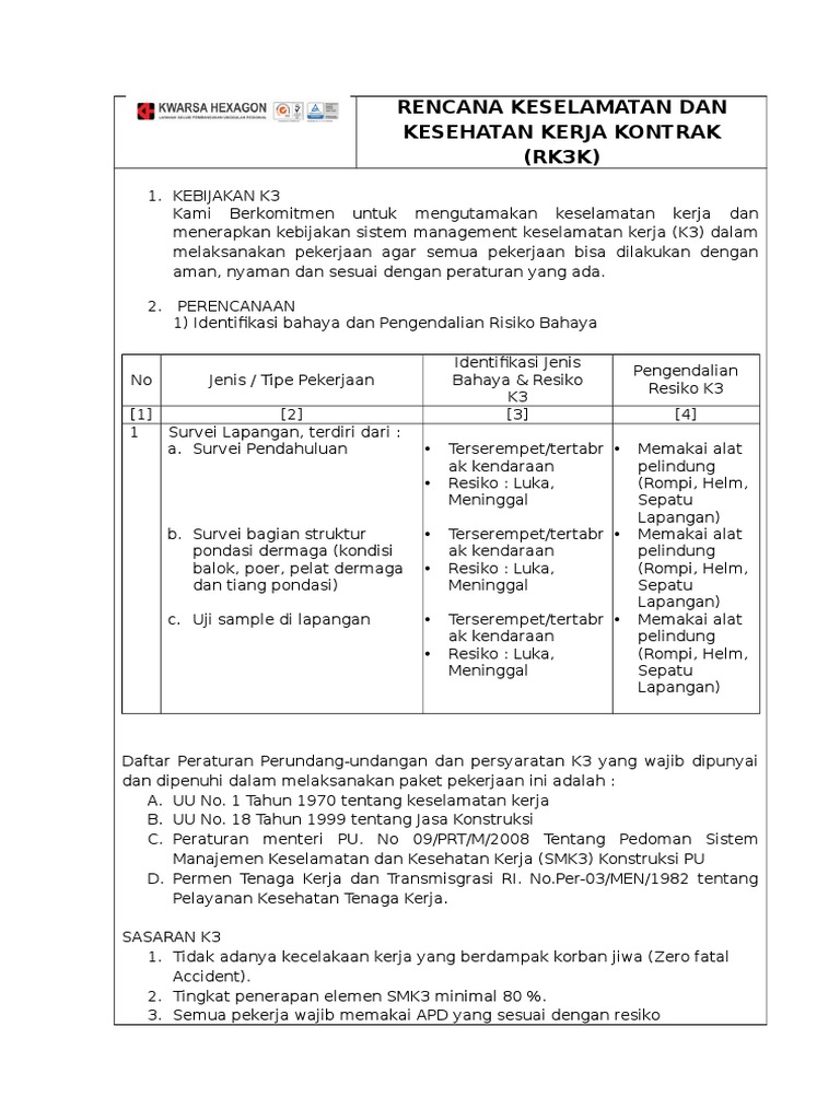 Rencana K3 Kontrak: Kebijakan dan Program | PDF