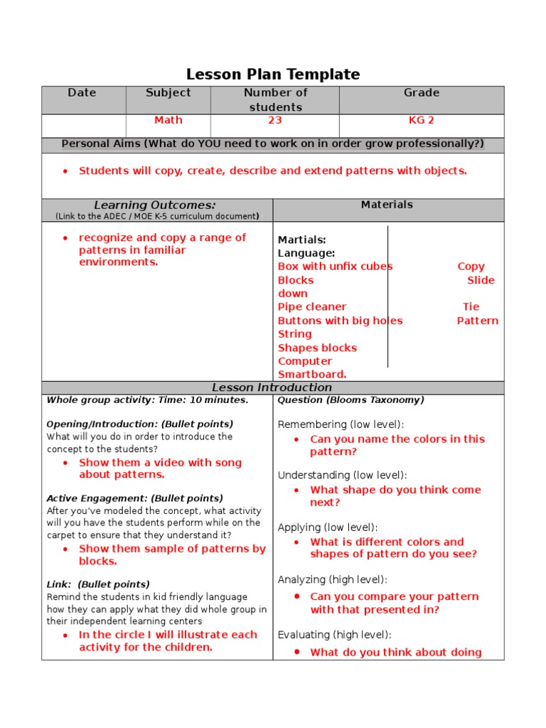 Lesson Plan Math 1 - Patterns | PDF | Lesson Plan | Communication