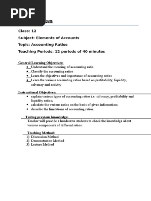 Lesson Plan Std 12 Chp 4 Accounting Ratios Lesson Plan Psychological Concepts