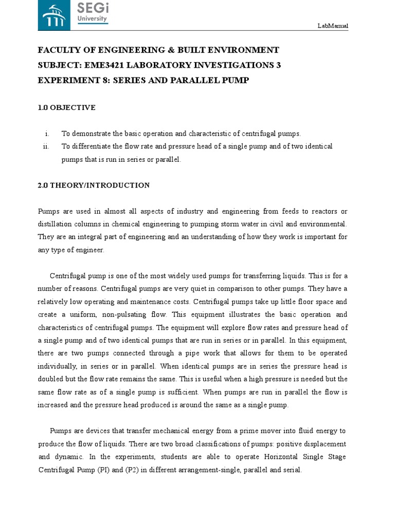 Lab3E8 - Series and Parallel Pump | PDF | Pump | Fluid Dynamics