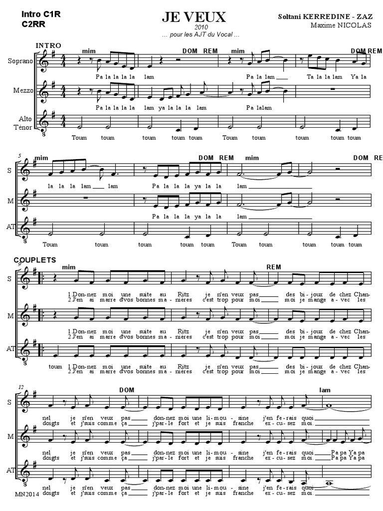 Je Veux Partition | Chant | Musique vocale