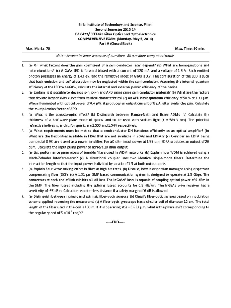 Comprehensive Exam in Fiber Optics and Optoelectronics for BITS Pilani