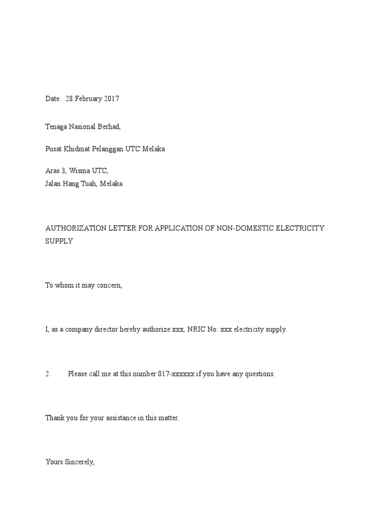 Sample Authorization Letter To Tnb Malaysia