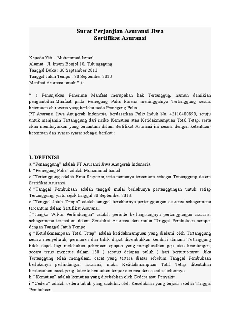 Surat Perjanjian Asuransi Jiwa Pdf