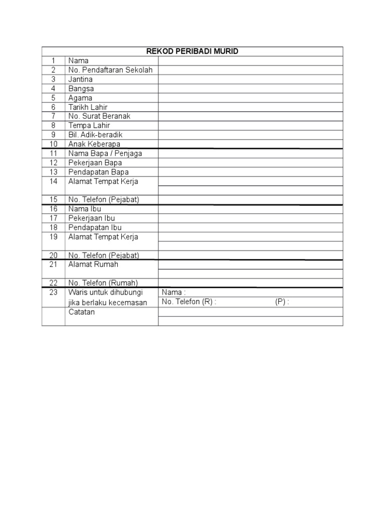Rekod Peribadi Murid | PDF