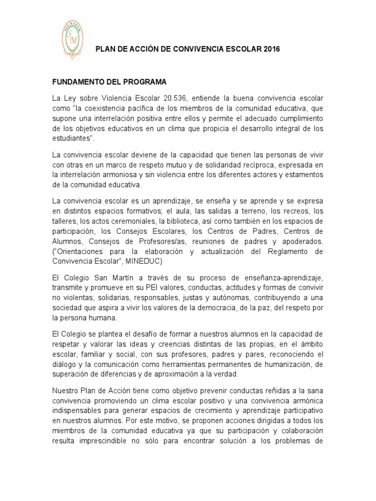 Plan de Acción para la Convivencia Escolar | PDF | Maestros | Cognición