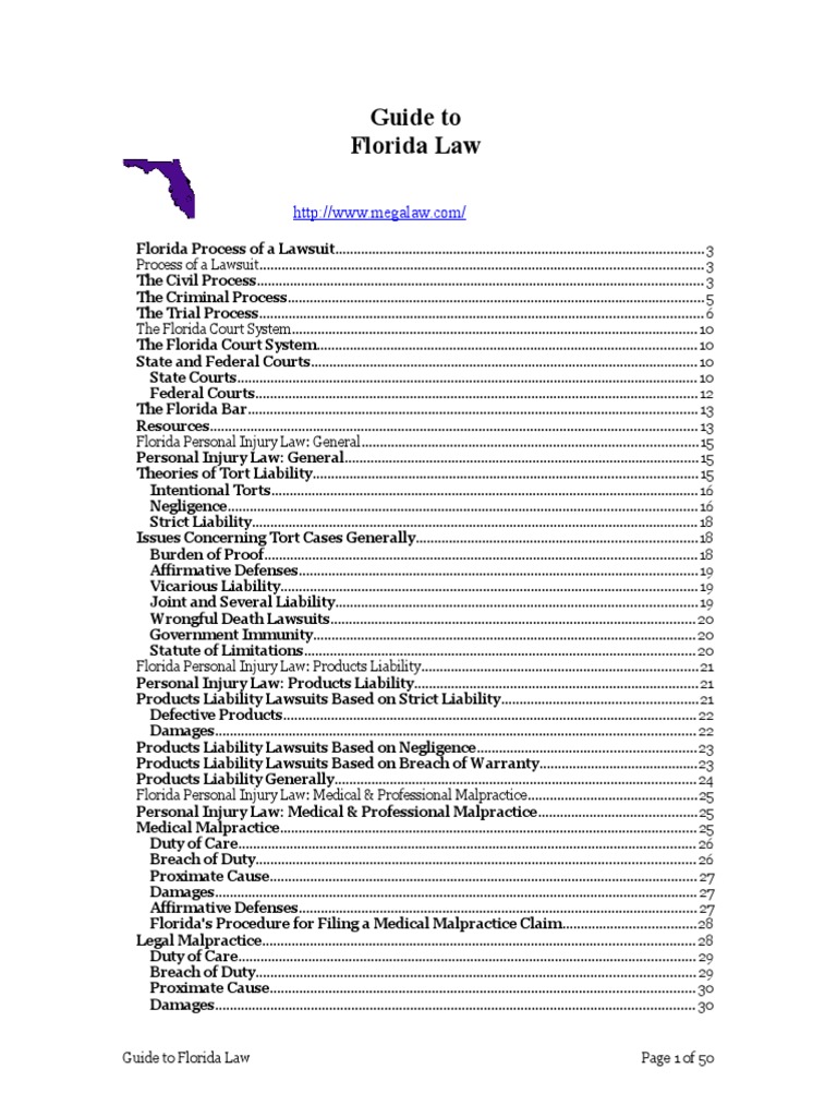 Causes of Action Guide To Florida Law Tort Supreme Court Of Florida