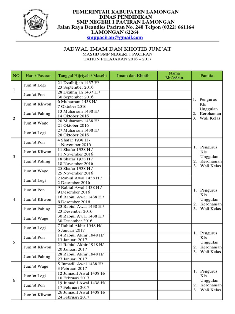 Contoh Format Jadwal Khutbah Jumat - Guru Ilmu Sosial