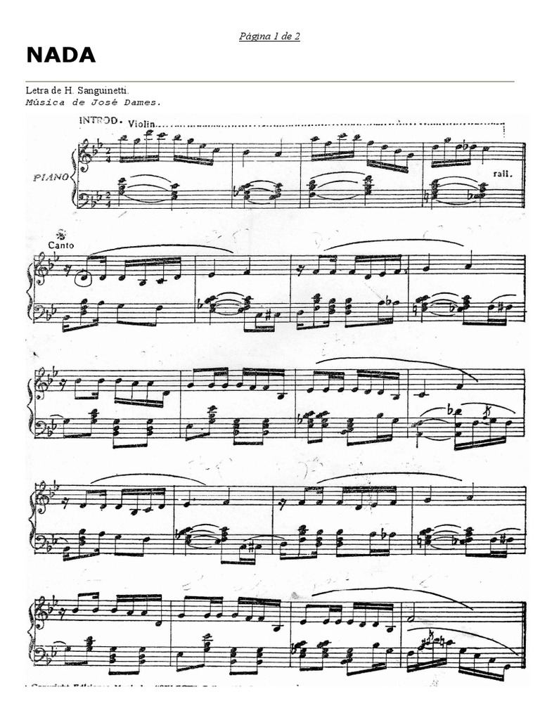 Nada partitura para piano + letra